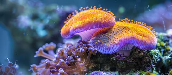 A few marine invertebrates, specifically jellyfish, are resting on a vibrant coral reef underwater. The electric blue creatures add color to the marine ecosystem