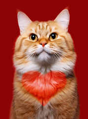 Portrait of a ginger cat with a bright red patch of fur, in the shape of a heart, on his chest