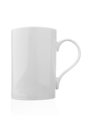 Ceramic white mug with handle isolated on white background close-up.