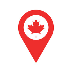 Obraz premium canada location pin, gps marker, made in canada symbol, find us sign, red color with maple leaf, vector