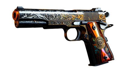Vivid colored handgun png pistol png short gun png Unissued Military Pistol 1911A1 png Glittering Colt 1911 Gun Isolated on Transparent PNG Semi-automatic pistol. Isolated