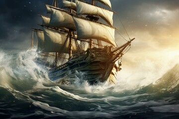Majestic Ship sail boat sea. Water trip. Generate Ai