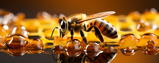 Majestic honeybee with translucent droplets on legs, poised on a reflective honeycomb surface, honey pollen flower bee beesawax  closeup macro banner