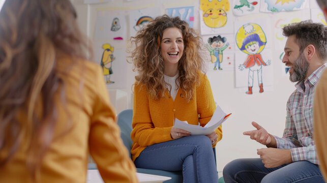 A group therapy session for parents, sharing experiences and advice on family dynamics, with children's drawings on the walls, with copy space