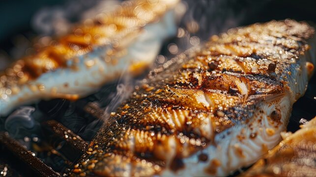 White fish fillet cooking frying in oil. Background concept