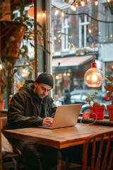 Obraz premium Handsome man working on laptop in cozy cafe. Generative AI