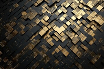 Abstract background featuring extruded gold and black squares, futuristic