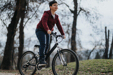 Naklejka premium Carefree young boy rides a bicycle through greenery at a city park, embodying freedom and joy.