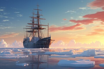 Majestic Ship cruising among sea ice. Arctic expedition icebreaker boat on frozen ocean water. Generate ai - obrazy, fototapety, plakaty