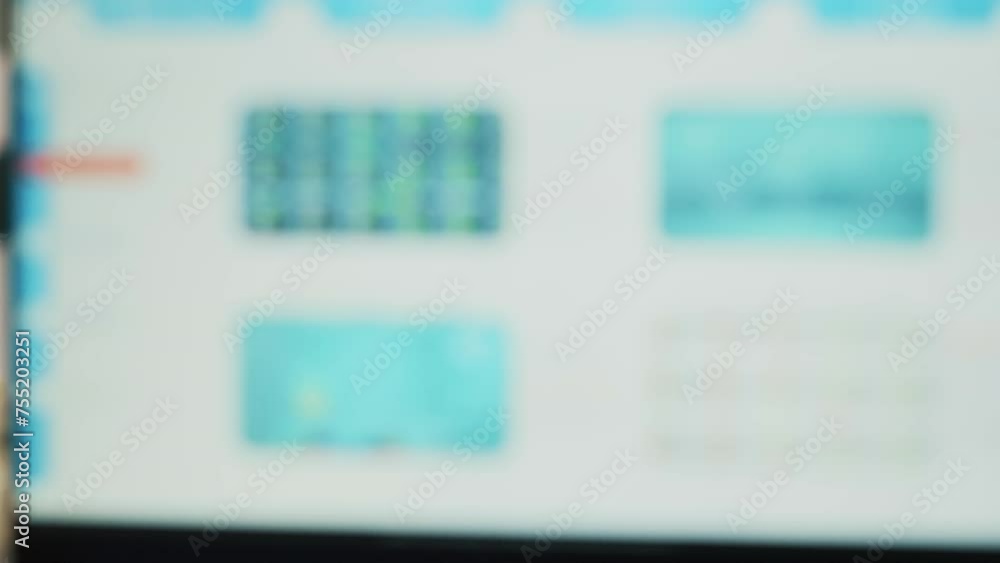 Poster office with laptop showing stock exchange listings and display in background with client appointment