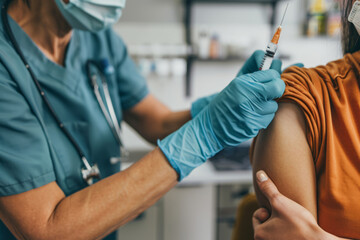 Doctor holding syringe making vaccination injection dose in shoulder of patient. Generative AI - obrazy, fototapety, plakaty