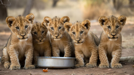 A group of lion cubs sit next to the bowl with food.  National Siblings day - obrazy, fototapety, plakaty