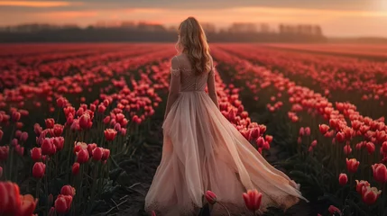Fotobehang Girl in a beautiful light dress against the backdrop of tulip fields © brillianata