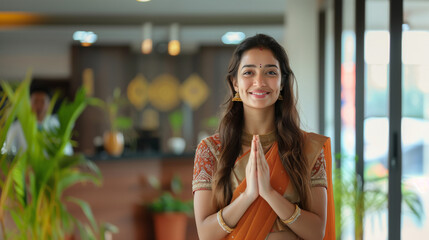 Beautiful Indian Woman: Smiling and Welcoming with Joined Hands in Namaste at the Reception of a Hotel or Office