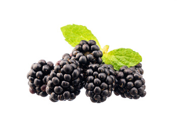 Group of ripe blackberries berries on white background closeup and green leaf for healthy eating.