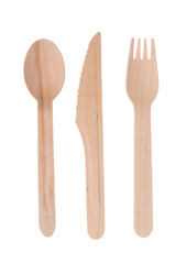 Wooden disposable utensils spoon fork knife insulated on white background. Environmentally friendly materials biodegravel.