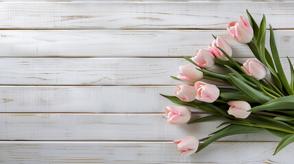 springtime pink tulips on white rustic wooden boards for Mothers Day