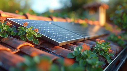 A solar panel is on a tiled roof, harnessing sunlight for solar power