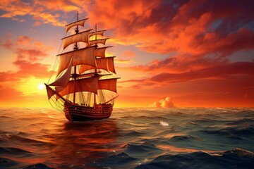 Vast Ship sails ocean sunset. Nature sun sky travel nature. Generate Ai
