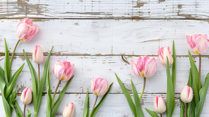 springtime pink tulips on white rustic wooden boards for Mothers Day