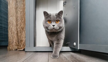 A British gray cat walks through a cat flap, cat hatch installed in a door, a cat door in an apartment interior.