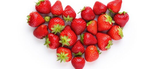 Strawberries, a seedless fruit, arranged in the shape of a heart on a white background. A delicious and natural food ingredient, staple food, from the Virginia strawberry plant