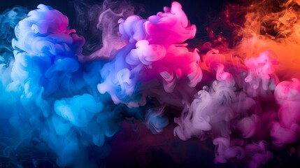 A vibrant mix of purple, magenta, and electric blue smoke billows out of a bottle, creating a beautiful cloud against a dark background