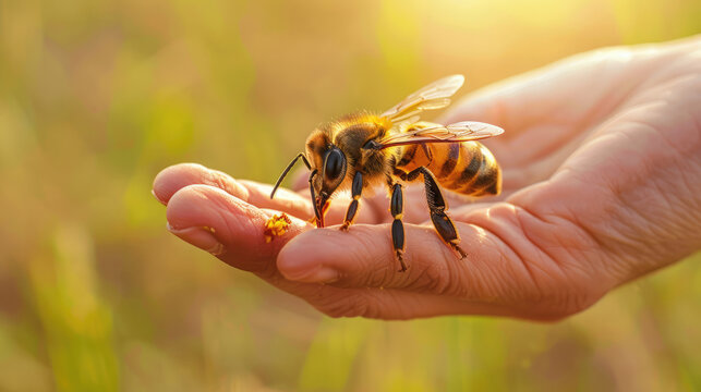 Close up of a bee on hand. Spring and summer season