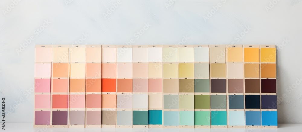 Poster A pan on a table holds multiple colors of paint, ranging from vibrant reds and blues to muted pastels. The colors are neatly arranged, creating a visual display of options for interior design and