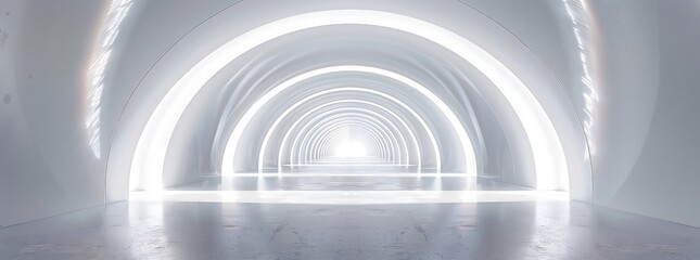 A gasfilled white tunnel with a symmetrical pattern on the ceiling leading to a bright light at the end, reminiscent of an art piece in monochrome photography