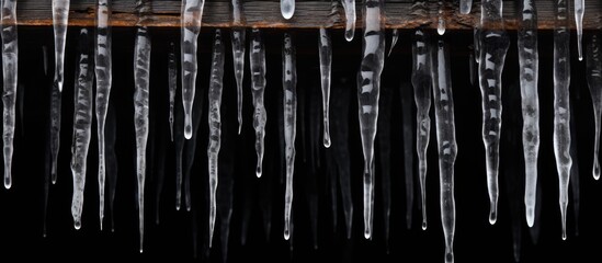 A stunning display of icicles hanging from the ceiling against a black background, resembling a modern art installation featuring glass and metal elements - obrazy, fototapety, plakaty