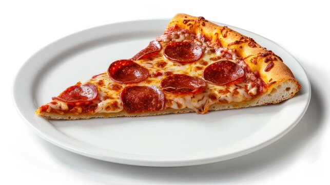 A tasty slice of pepperoni pizza on a white plate isolated a white background. AI generated image
