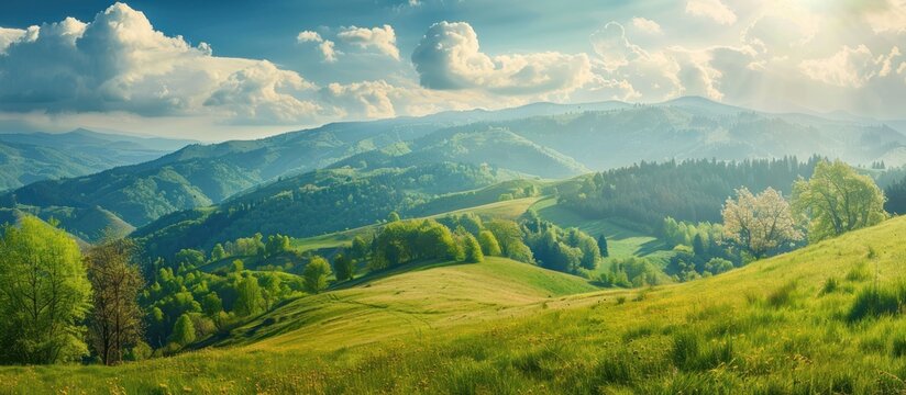 Beautiful countryside grassy field, rolling hills landscape in mountains rural scenery. AI generated