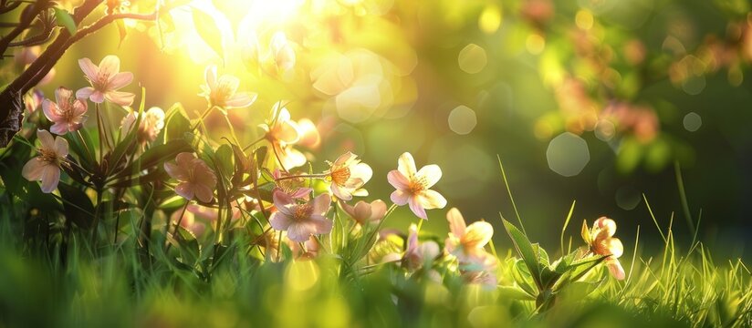 Beautiful blossom flowers in the spring meadow landscape blur background. AI generated image