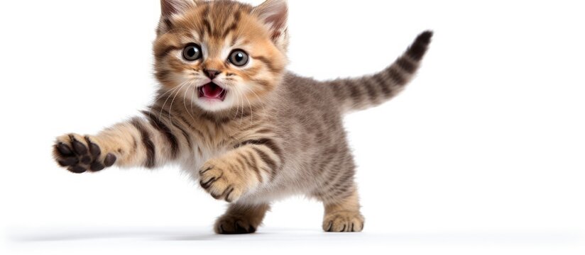 A small kitten is joyfully playing with its own paw on a white background. The playful feline is focused on its paw, showcasing its natural curiosity and agility.