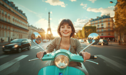  Embracing Life's Journey: smiling young woman on motor Scooter riding Paris streets with Eiffel...
