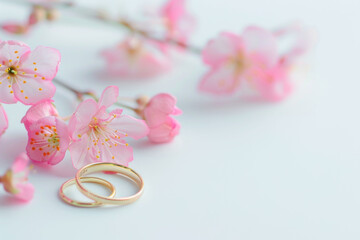 two golden wedding rings and flowers  on white background