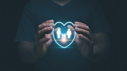 Family life insurance concept, Hands protecting family with heart icon, Businessman with protective gesture representing young insured families, services and supporting.