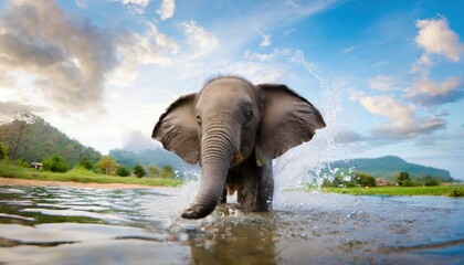 Fototapeta na wymiar closeup view of cute and adorable baby elephant in splashing water in happy mood, lovely zoomed shot of animal.