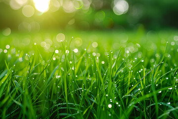 a close up of grass with water droplets - obrazy, fototapety, plakaty