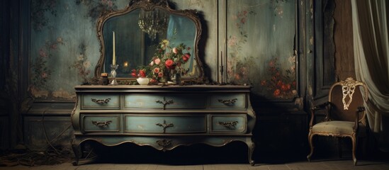A vintage room featuring an antique dresser with a mirror and a wooden chair. The dresser is...