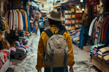 A customer with a backpack is browsing through outerwear, hats, tshirts, and sleeves in a market. She is on a shopping trip, exploring the retail stalls and considering buying items for her travel - obrazy, fototapety, plakaty