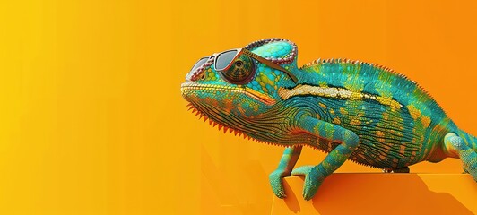 chameleon wearing sunglasses on a solid color background - obrazy, fototapety, plakaty