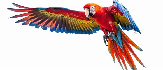 Obraz premium Beautiful flying macaw parrot bird isolated on white background. AI generated image