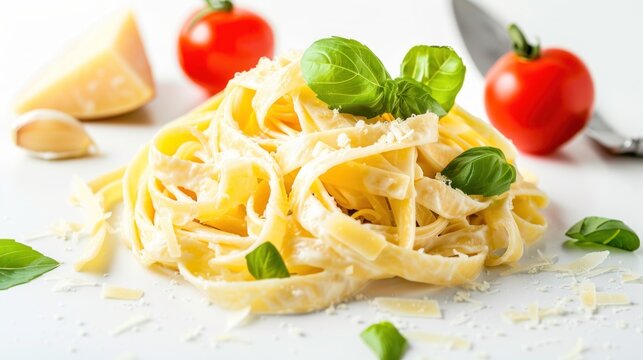 Italian food of creamy fettuccine Alfredo pasta isolated on white background. AI generated image