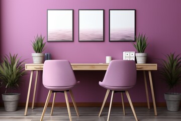 Three frames with a copy space mockup on a pink wall. Wooden table, chairs and green plants in pots