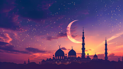 Crescent moon and mosque silhouettes panorama on ornamental Ramadan Kareem ideal for festive background with copy space Islamic design greeting card, Eid Mubarak, Eid Al-Fitr celebration concept - obrazy, fototapety, plakaty
