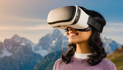 Metaverse technology concept. Woman with VR virtual reality goggles. Futuristic lifestyle.