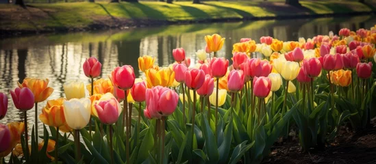 Zelfklevend Fotobehang A beautiful field of pink and yellow tulips blooms next to a serene body of water, creating a vibrant natural landscape with colorful petals and lush green leaves © 2rogan
