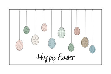 Happy Easter- Schriftzug in englischer Sprache - Frohe Ostern. Grußkarte mit gemusterten Ostereiern in Pastellfarben.